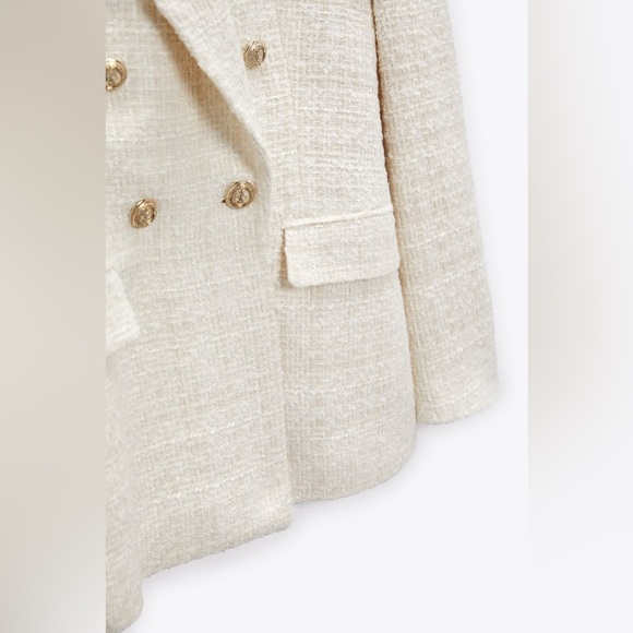 Zara Double Breasted Embossed Tweed Tailored Fit Ecru White Blazer Jacket - Picture 7 of 16